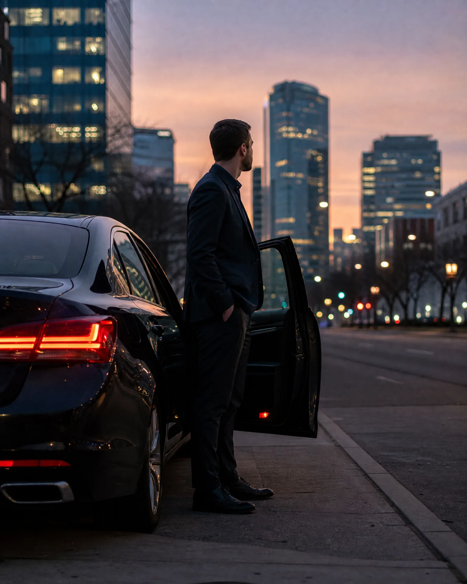 A man in a dark suit stands beside a black sedan with its rear door open on a city street at dusk, looking toward illuminated high-rise buildings.