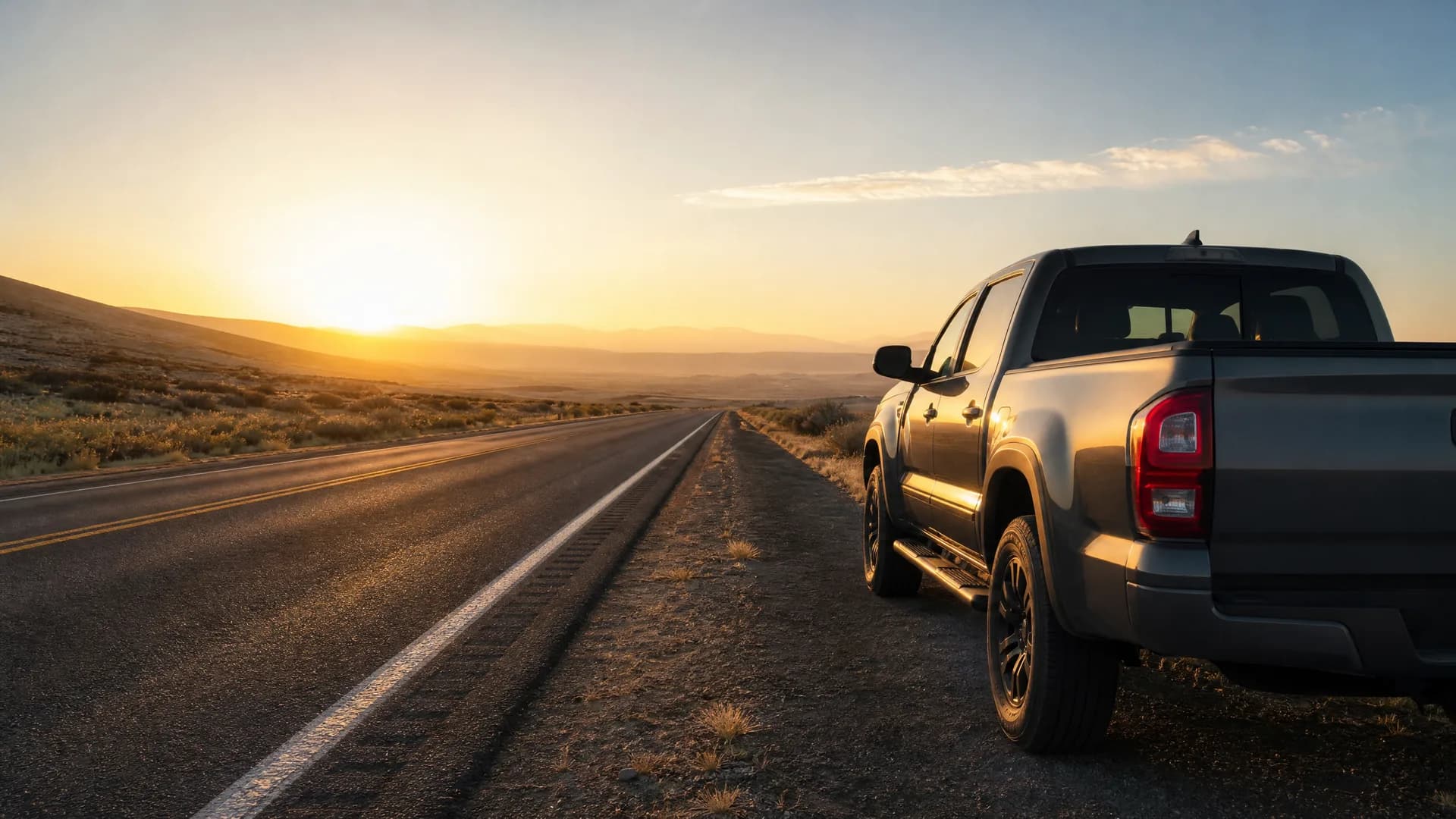 A dark gray crew-cab pickup truck parked on the gravel shoulder of a two-lane road at sunset, with dry scrub and distant hills in the background.