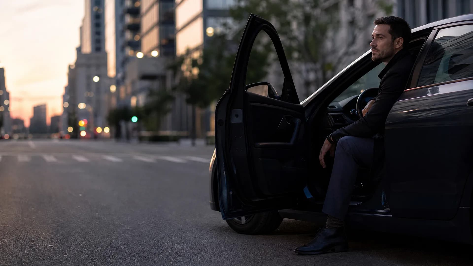A man in a dark suit sits sideways in the open driver's doorway of a dark car parked on a city street at dusk, with blurred buildings and lights behind.
