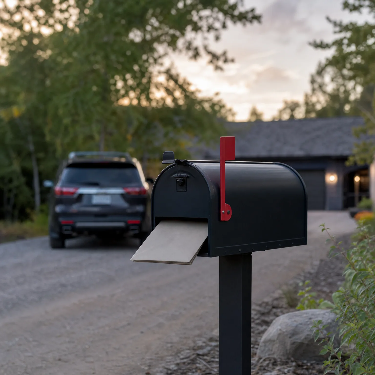 A black mailbox on a post with its door open, a raised red flag, and a manila envelope inside, beside a gravel driveway with a blurred dark SUV and house in the background at dusk.
