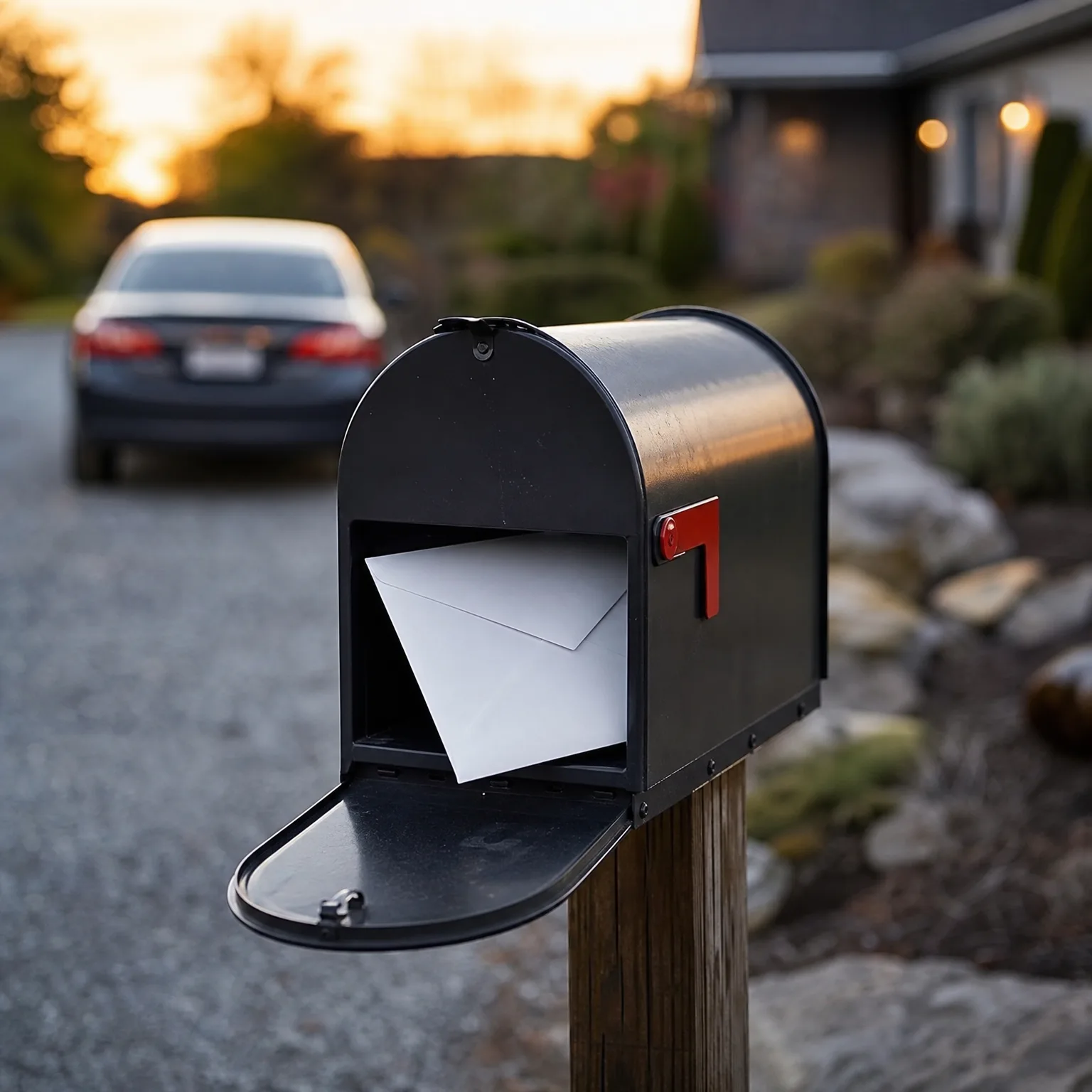 An open black mailbox on a wooden post holds a white envelope, with a blurred dark car parked in a driveway and a house with lit exterior lights in the background at dusk.
